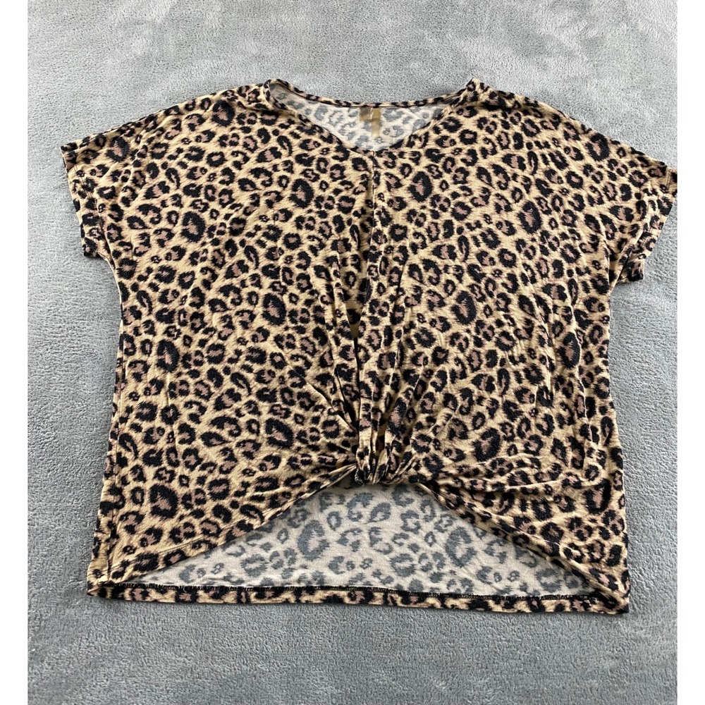 West Women Leopard Print Short Sleeve Twist Front High Low Knit Top Tan Black